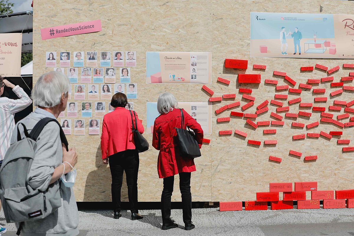 Zwei Personen vor einer Wand mit roten Zetteln